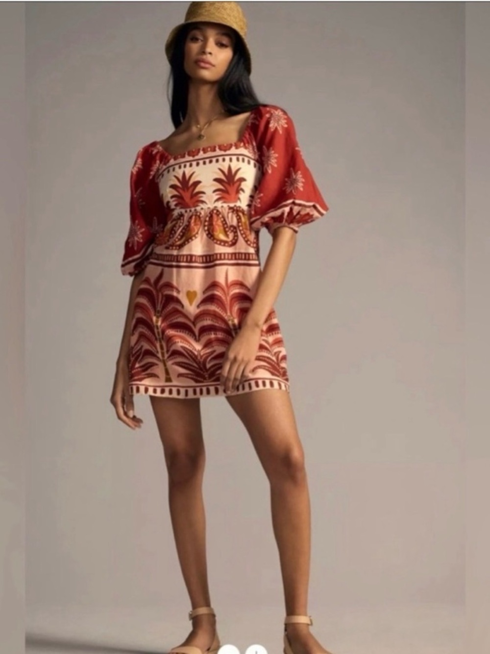 FARM Rio for Anthropologie square neck 3/4 sleeve mini dress rust pink M 6 8 10